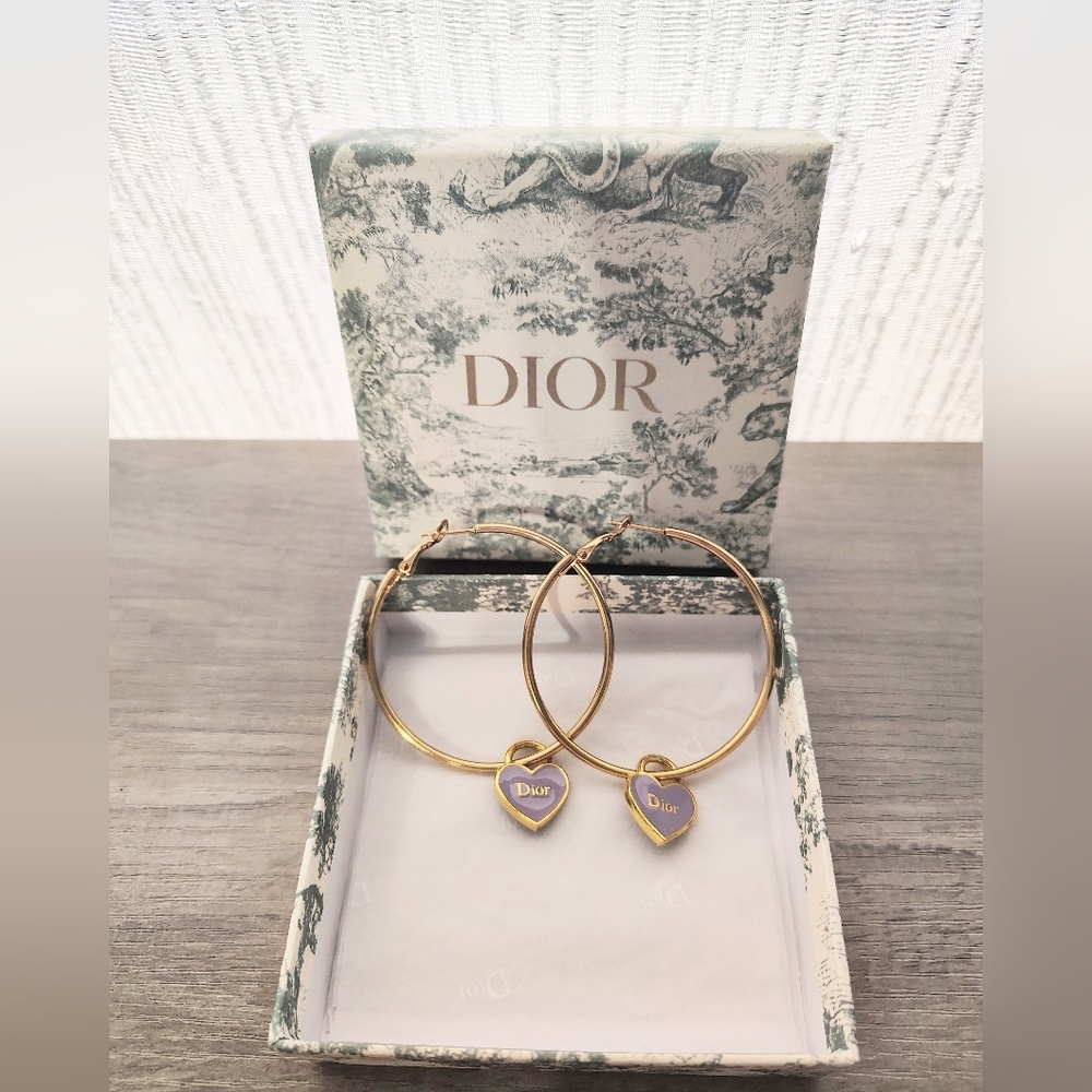 Dior Lavender Heart Hoops-Zipper Pulls/14k Gold Plated Hoops & Dior GiftBox